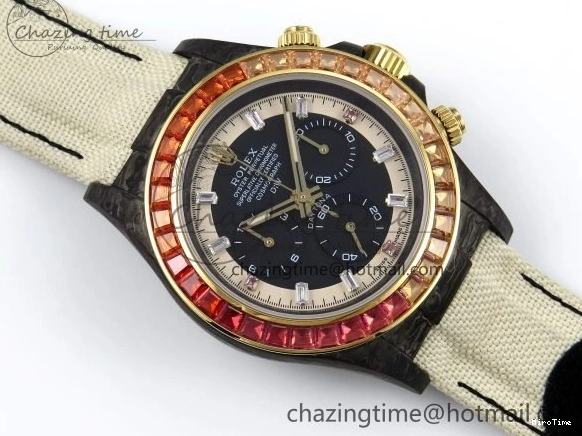 MiroTime 0513 Refined Daytona DIW Carbon Case DIWF Edition Black White Dial Orange Diamonds Bezel on White Nylon Strap A 1668